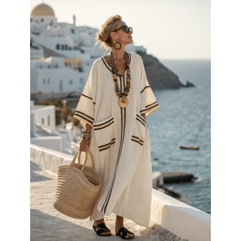 Women Boho V Neck Patch Pocket Print Loose Kaftan Maxi Beach Dress
