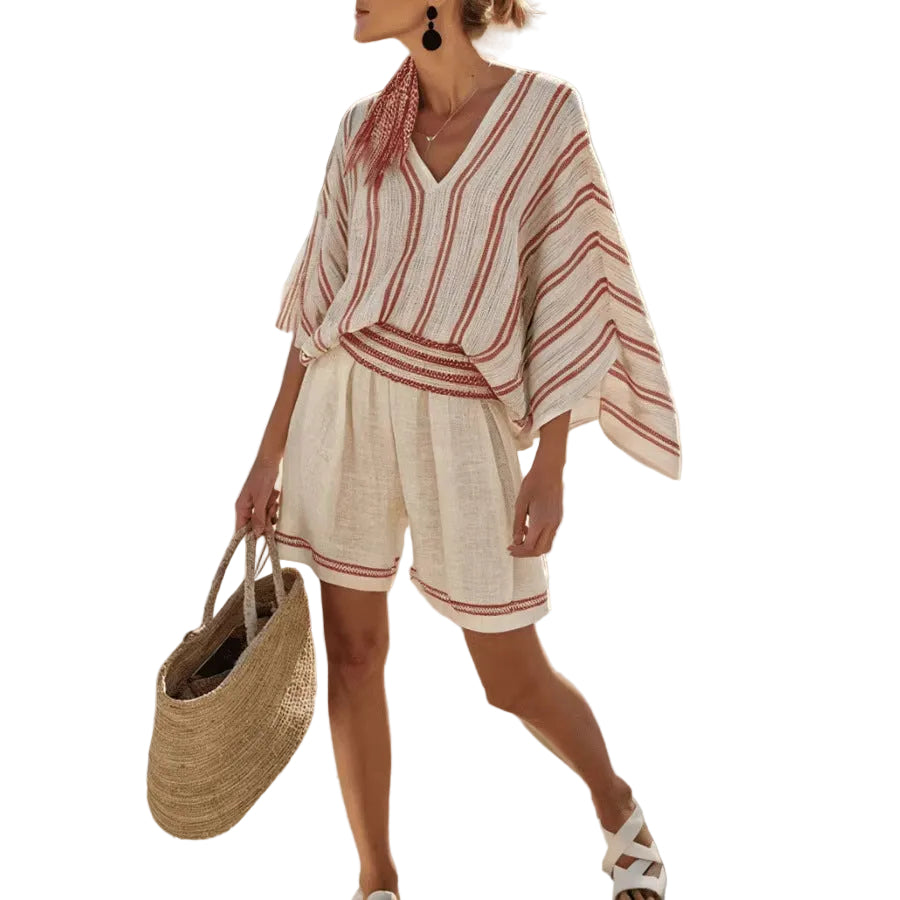 Women Boho Striped V Neck Batwing Loose Beach Short Two Piece Set