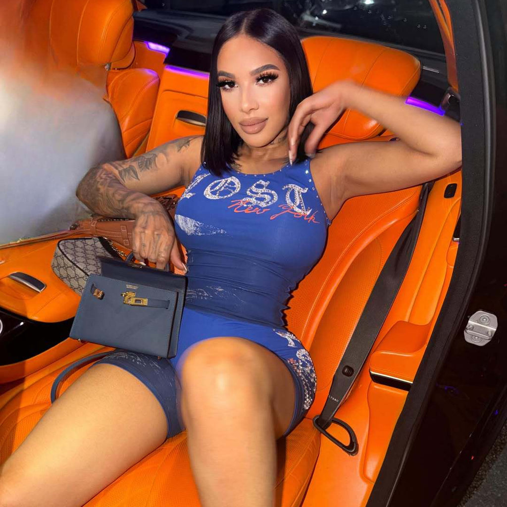 Lost Intricacy Blue Grim Glam Crop Top Shorts 2 Piece Set Women