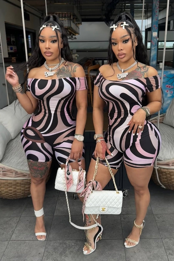 Off Shoulder Abstract Print Bodycon Romper Shorts Women Sexy Club Jumpsuit