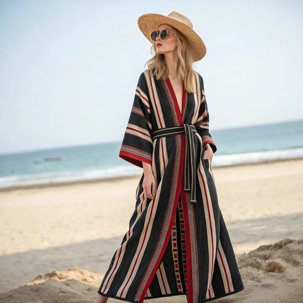 Boho Striped Belted Kaftan Maxi Beach Cover Up
