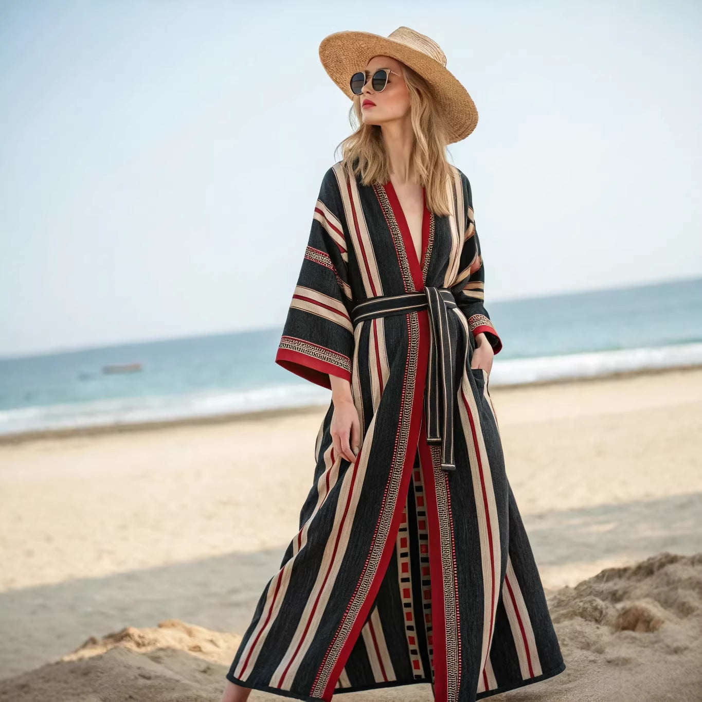 Boho Striped Belted Kaftan Maxi Beach Cover Up