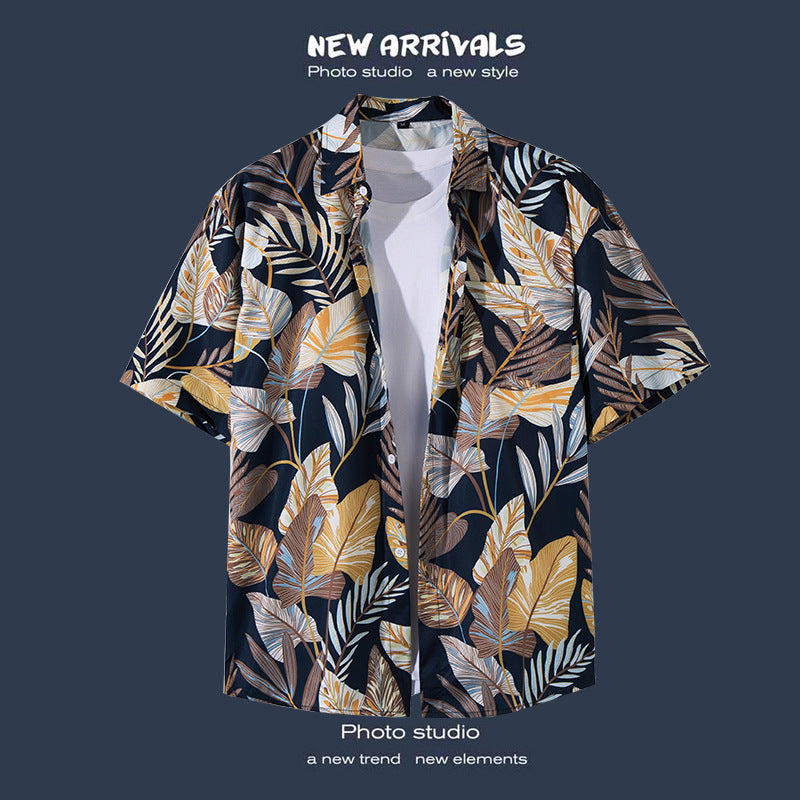 Mens Vintage Tropical Hawaiian Floral Loose Short Sleeve Beach Shirt