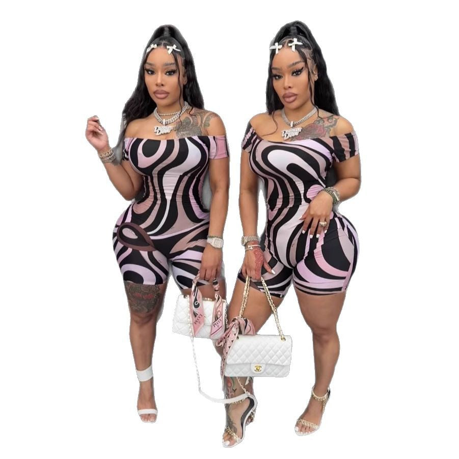 Off Shoulder Abstract Print Bodycon Romper Shorts Women Sexy Club Jumpsuit
