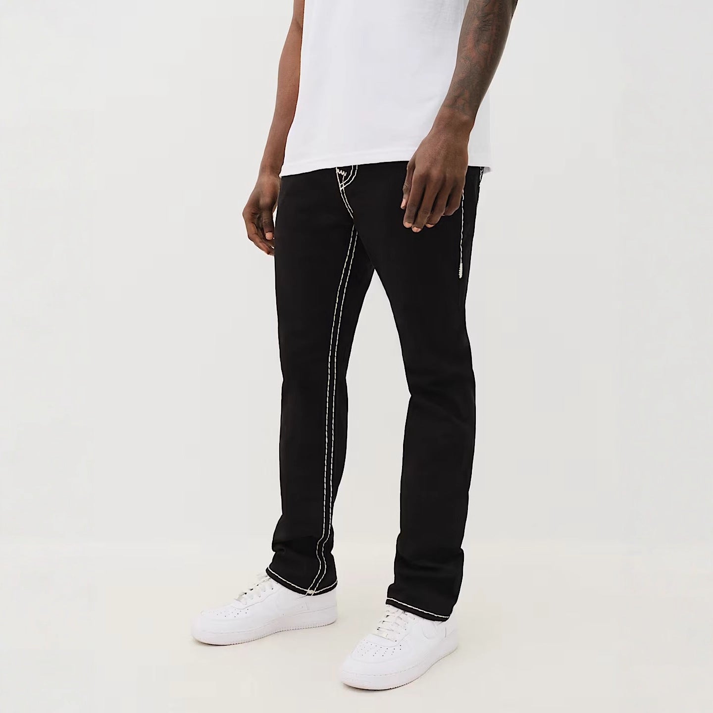 True Religion White Contrast Stitch Horseshoe Straight Jeans Men Y2K