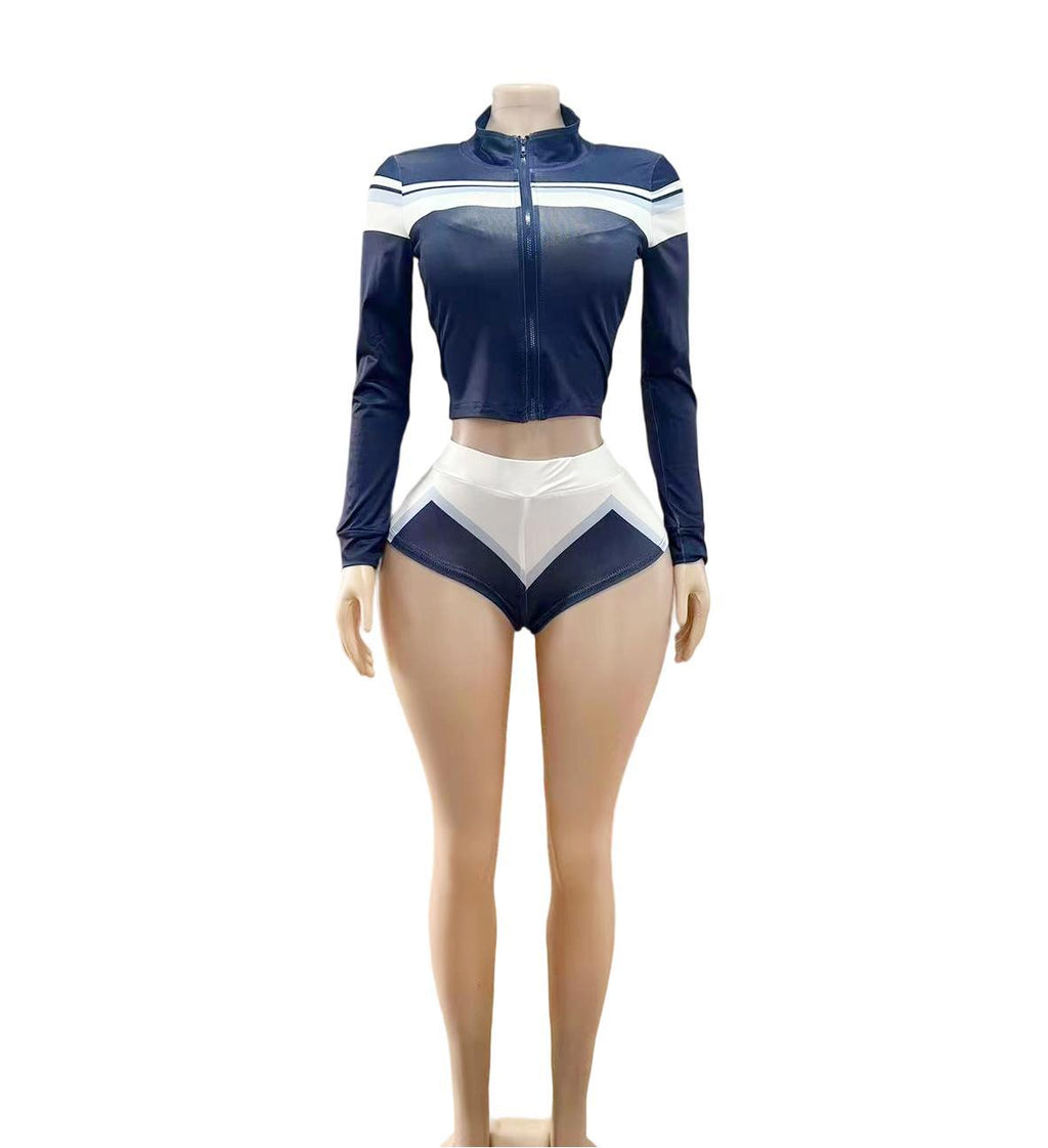 Y2K Color Block Zip Crop Jacket Bikini Short 3 Piece Set