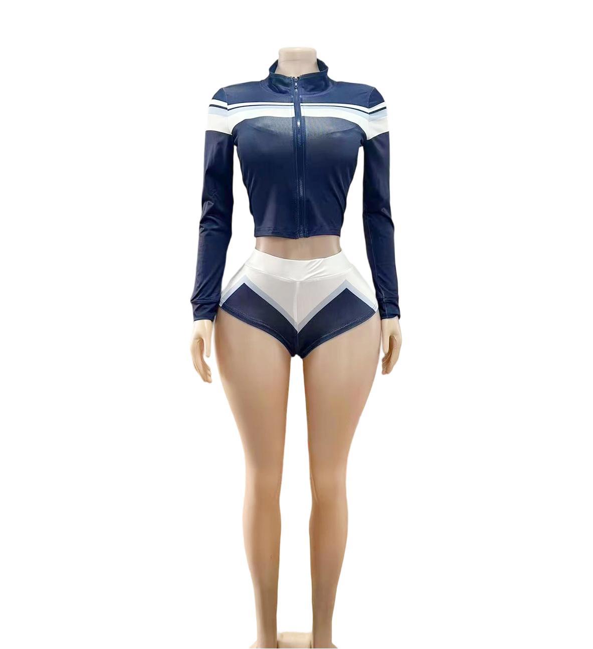 Y2K Color Block Zip Crop Jacket Bikini Short 3 Piece Set