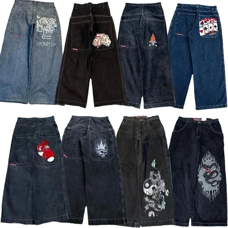 JNCO Style Y2K Baggy Jeans Dragon & Poker Embroidery Streetwear Denim Pants