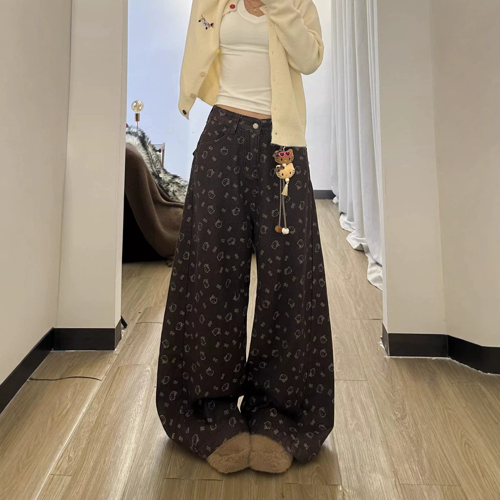 Brown Hello Kitty Print Wide Leg Denim Jeans High Waist Loose Trousers
