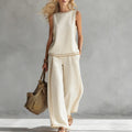 Boho Striped Floral Trim Sleeveless Wide Leg Two Piece Set