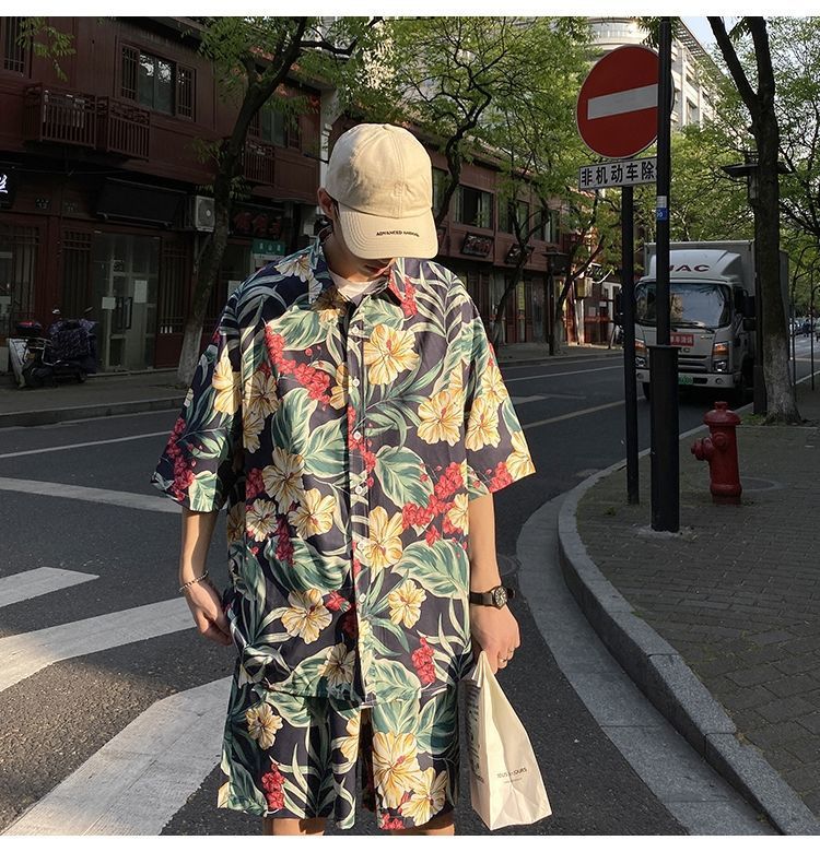 Couple Quick Dry Floral Loose Tropical Beach Shirt Shorts Set