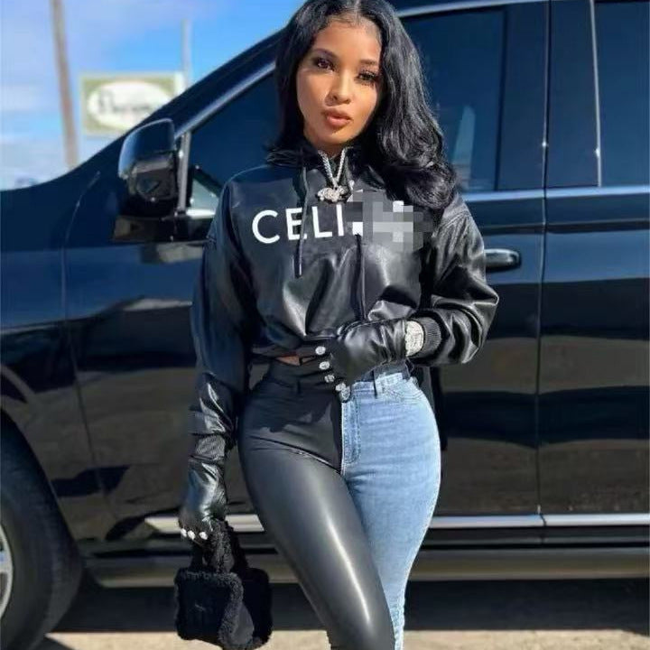 Letter Print PU Leather Cropped Hoodie Women