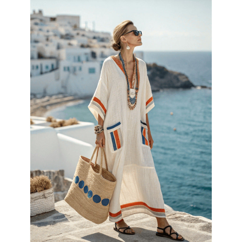 Women Boho V Neck Patch Pocket Print Loose Kaftan Maxi Beach Dress