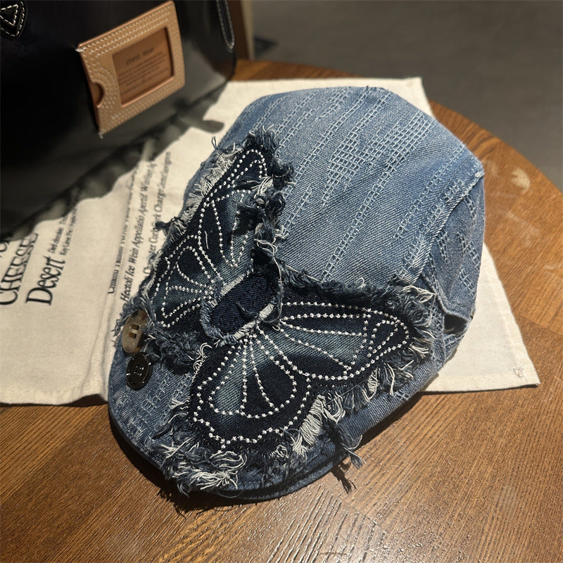 Y2K Rhinestone Butterfly Distressed Denim Newsboy Cap Streetwear Beret