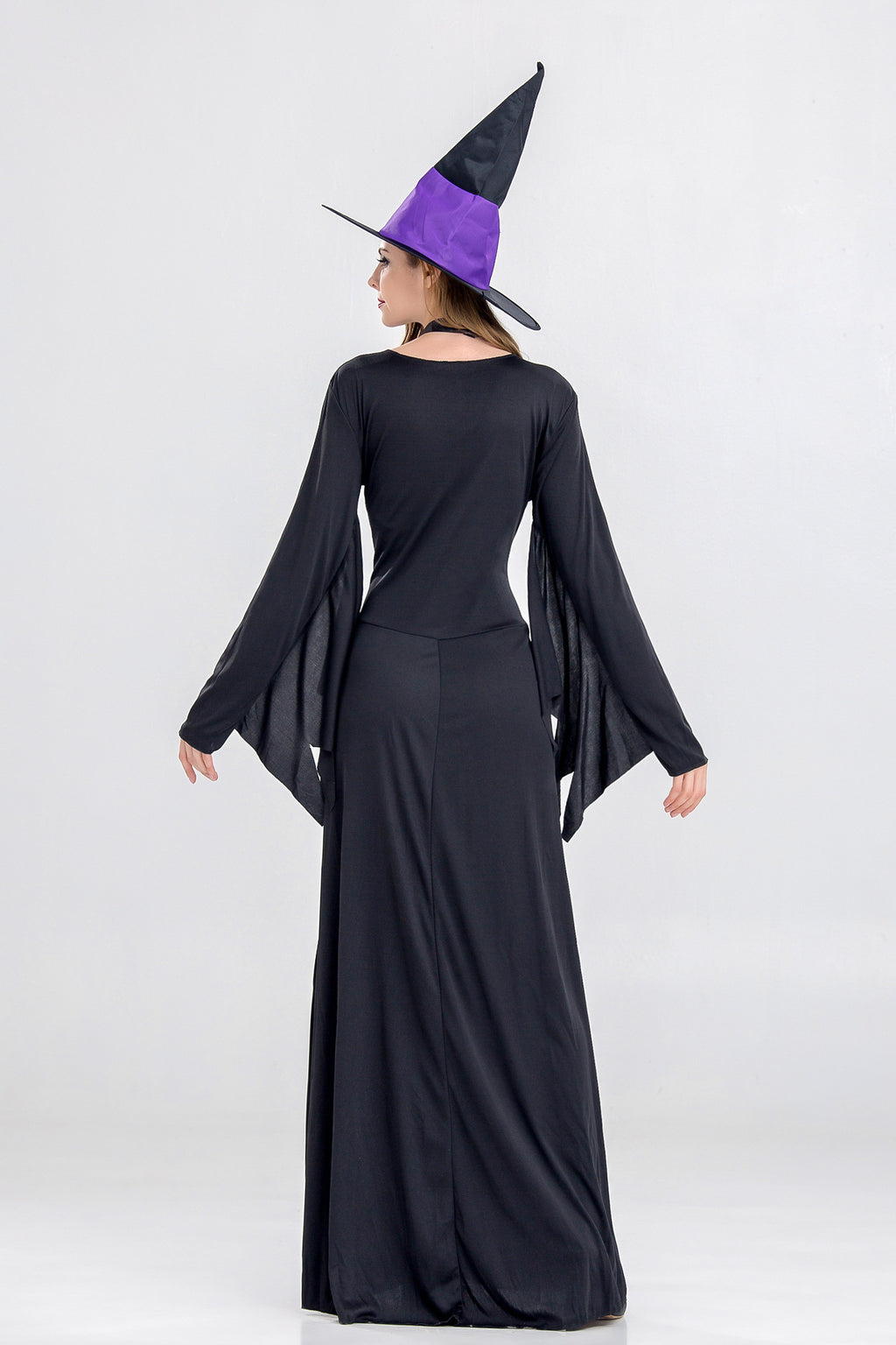 Halloween Women Purple Black Witch Cosplay Long Dress With Hat/Choker