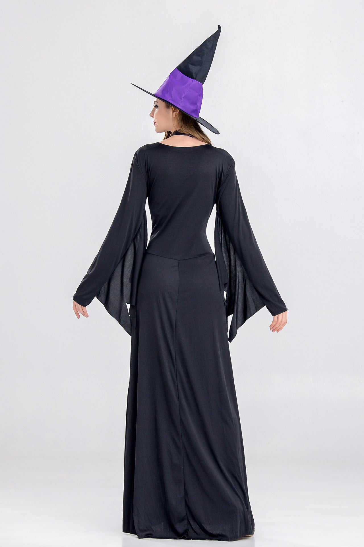 Halloween Women Purple Black Witch Cosplay Long Dress With Hat/Choker