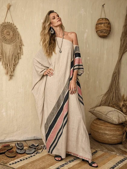 Women Boho Diagonal Striped Off Shoulder Loose Kaftan Maxi Beach Dress