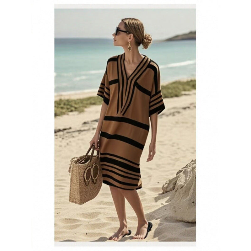 Women Boho Striped V Neck Loose Kaftan Midi Beach Dress