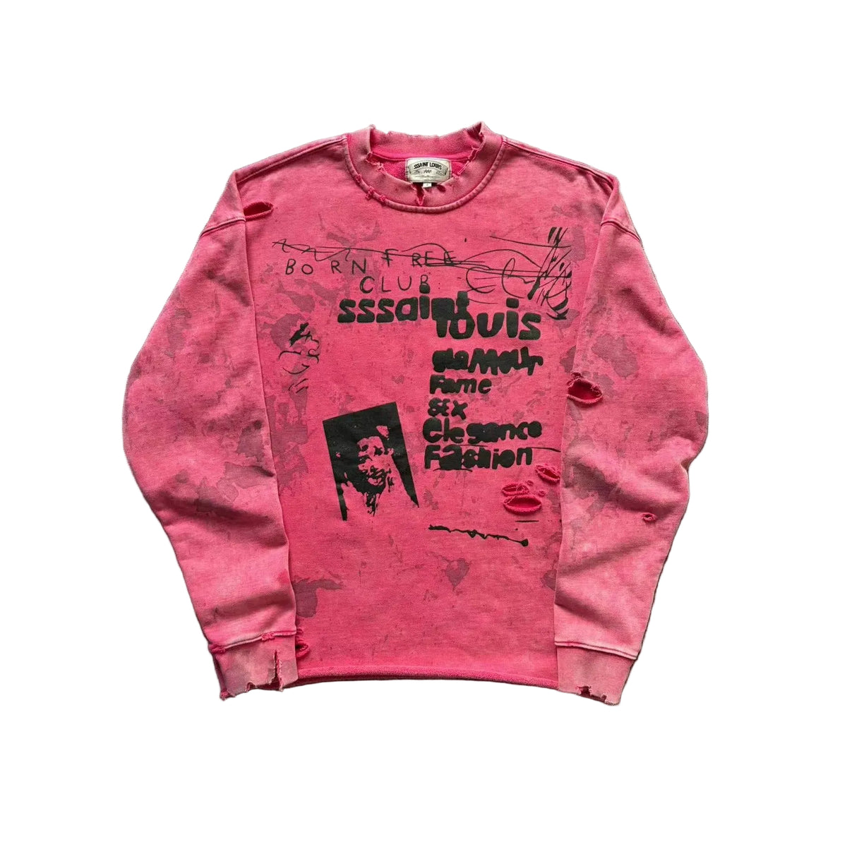 SSSAINT LOUIS Born Free Club Washed Distressed Crewneck Sweatshirt