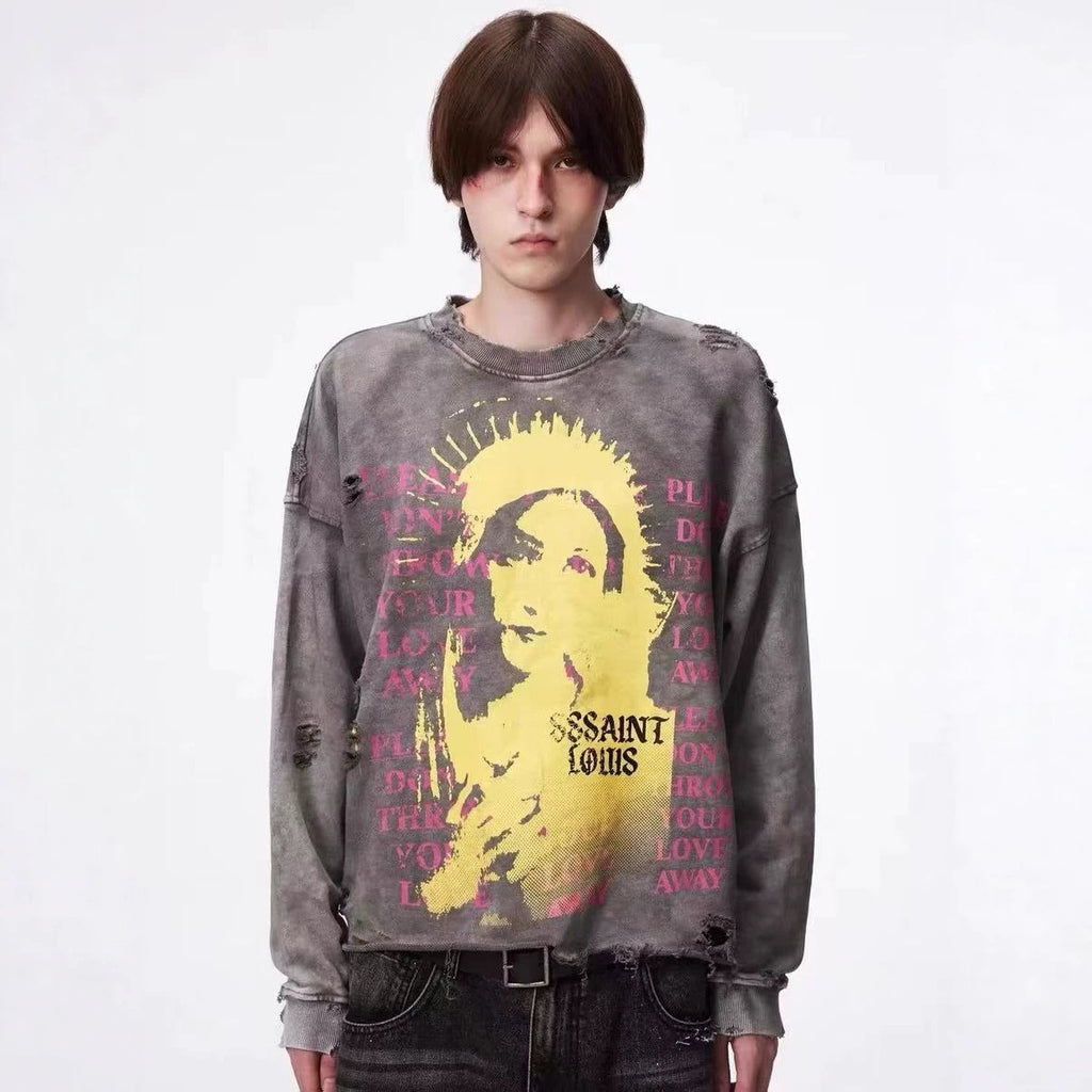SSSAINT LOUIS Saint Graphic Distressed Washed Crewneck Sweatshirt
