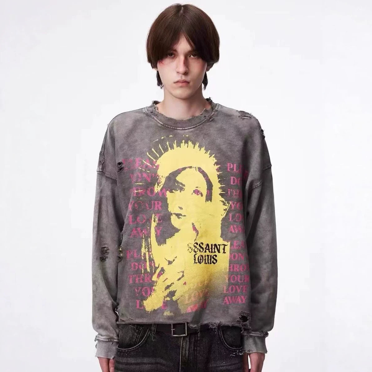 SSSAINT LOUIS Saint Graphic Distressed Washed Crewneck Sweatshirt