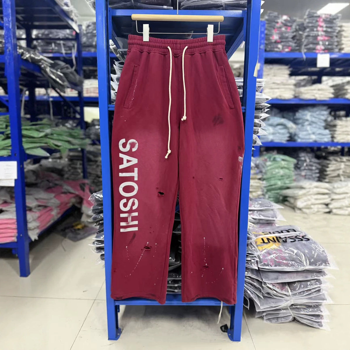 Satoshi Nakamoto Washed Distressed Splash Paint Wide Leg Sweatpants