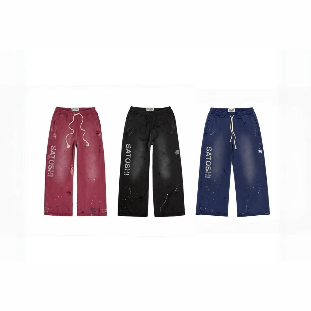 Satoshi Nakamoto Washed Distressed Splash Paint Wide Leg Sweatpants