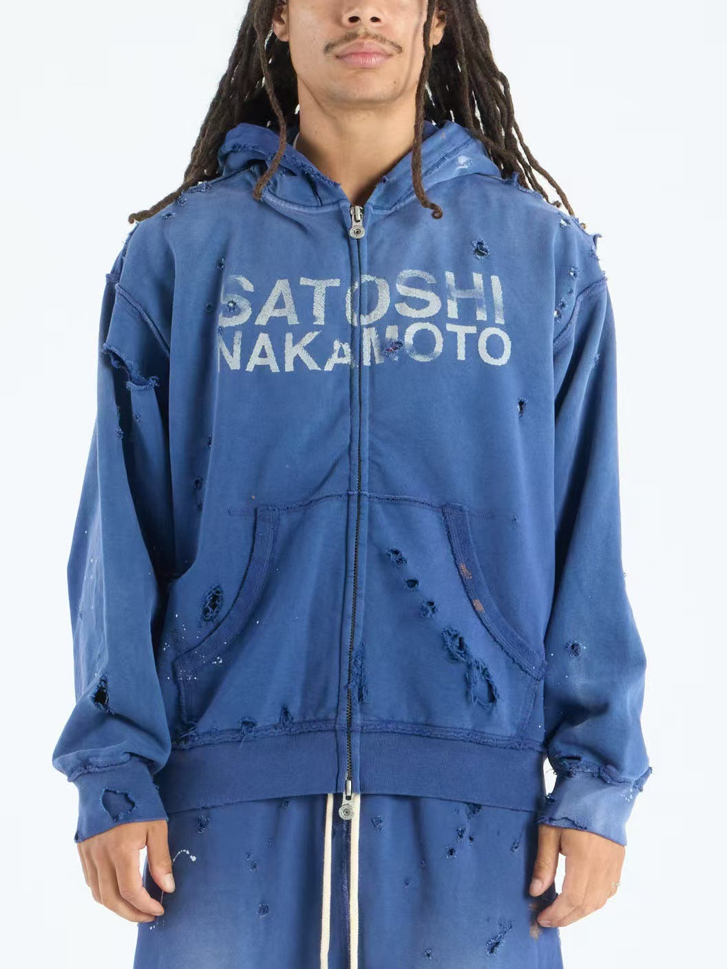 Satoshi Nakamoto Washed Distressed Zip Hoodie Splash Ink Street Jacket