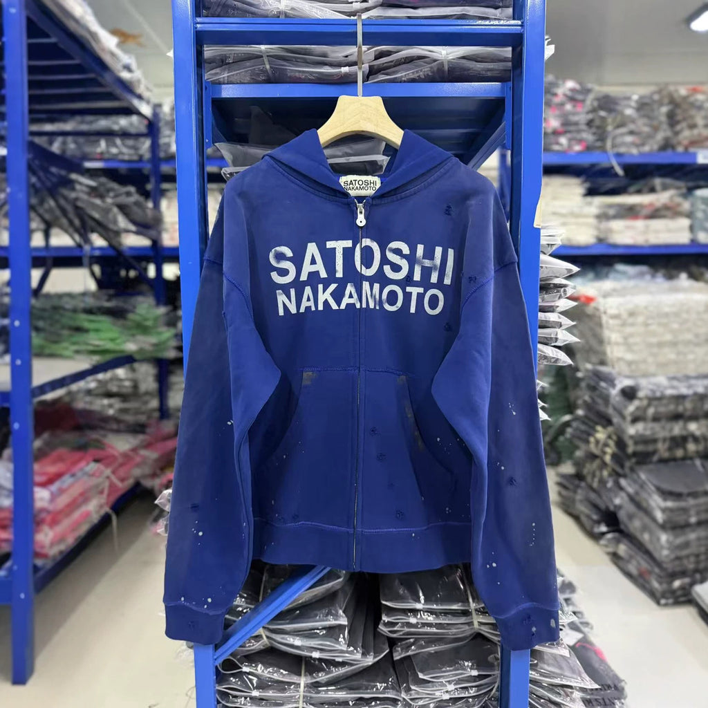 Satoshi Nakamoto Washed Distressed Zip Hoodie Splash Ink Street Jacket