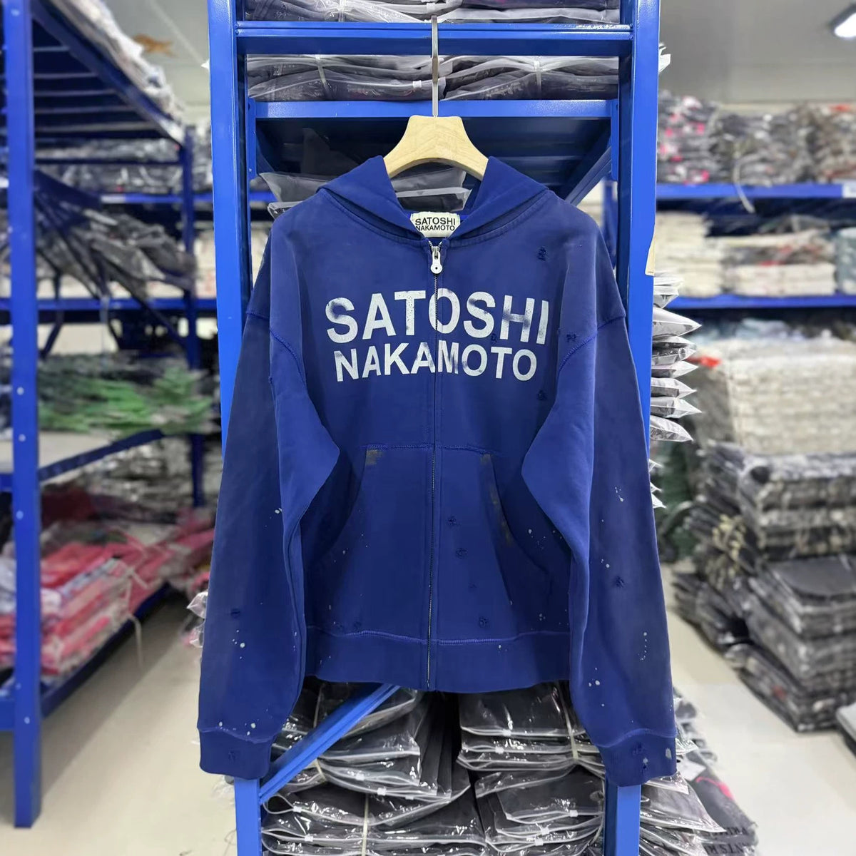 Satoshi Nakamoto Washed Distressed Zip Hoodie Splash Ink Street Jacket