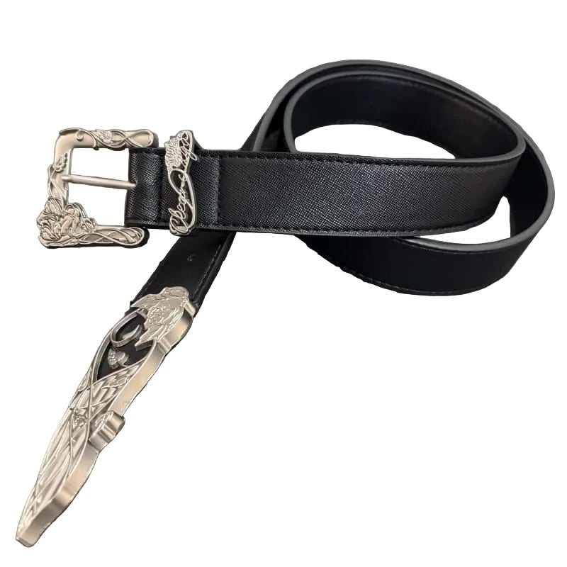Western Floral Sword Engraved Leather Belt Vintage Carved Metal Tip