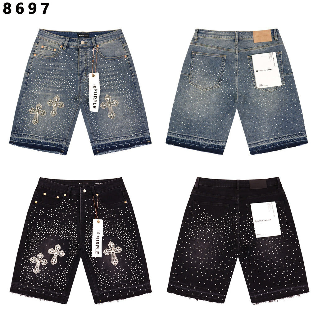 Purple Brand Rhinestone Loose Casual Denim Shorts