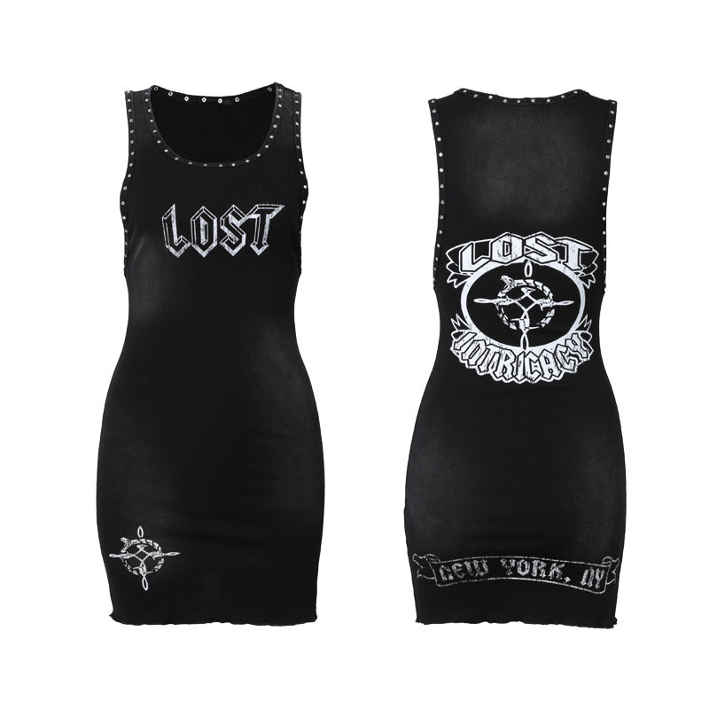 Lost Intricacy Rivet Letter Print Tank Bodycon Midi Dress Women
