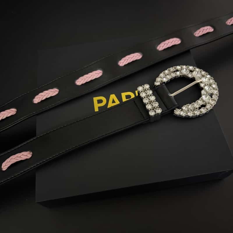 Leather Belt Rhinestone Buckle Pink Cutout Full Grain Waist Belt