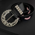 Leather Belt Rhinestone Buckle Pink Cutout Full Grain Waist Belt