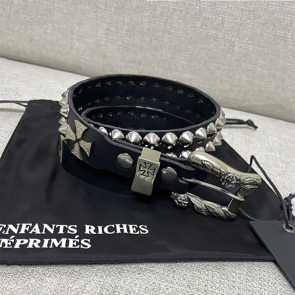 ERD Punk Double Stud Cross Vintage Cow Leather Belt Streetwear Unisex