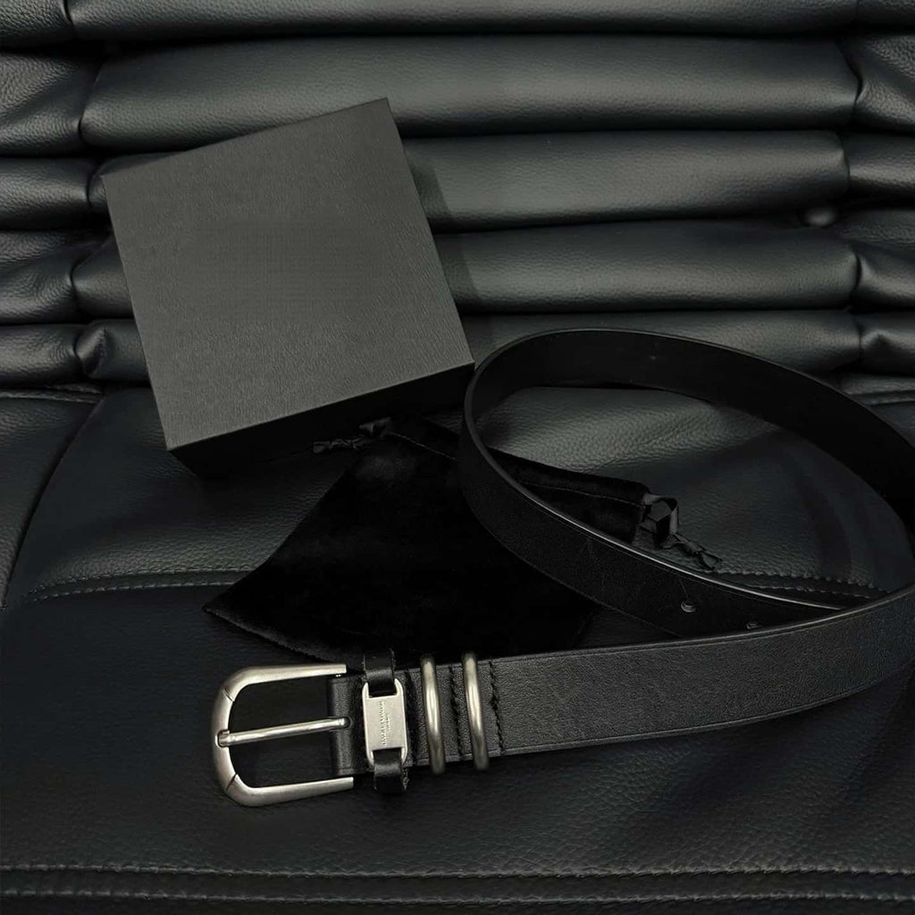 Dual Ring Tag Leather Belt Vegetable Tanned Black Waist Belt