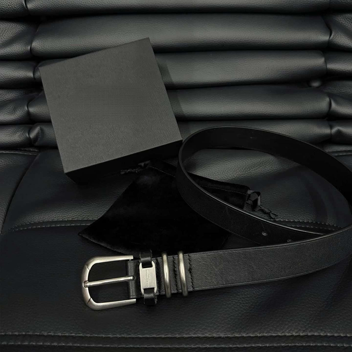 Dual Ring Tag Leather Belt Vegetable Tanned Black Waist Belt