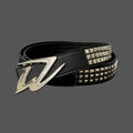Y2K Punk Studded Leather Belt Futuristic Logo Metal Buckle Waist Belt