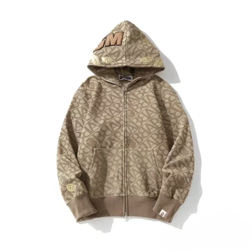 BAPE Monogram Allover Print Gold Shark Full Zip Hoodie