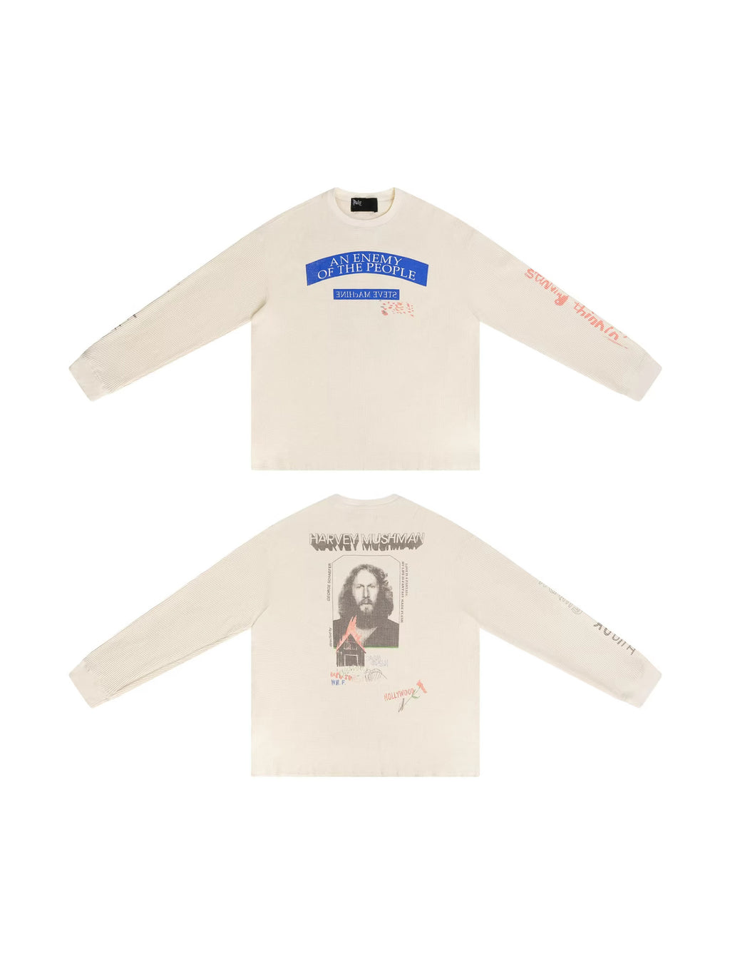 Waffle Knit Figure Letter Graphic Crew Neck Long Sleeve T Shirt