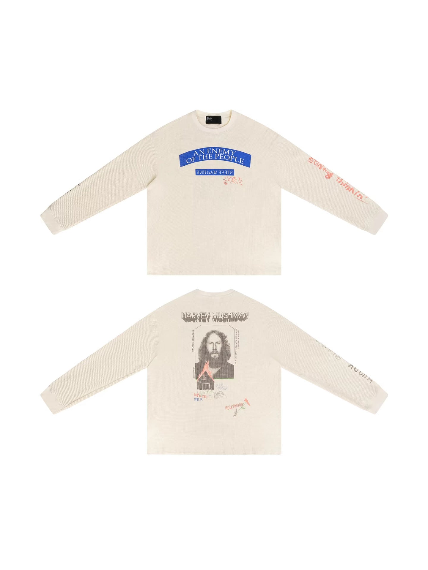 Waffle Knit Figure Letter Graphic Crew Neck Long Sleeve T Shirt