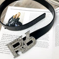 Rhinestone Letter Buckle Leather Belt Zinc Alloy Heavy Design Waist