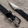Sword Engraved Irregular Tip Full Grain Leather Belt Metal Pin Buckle