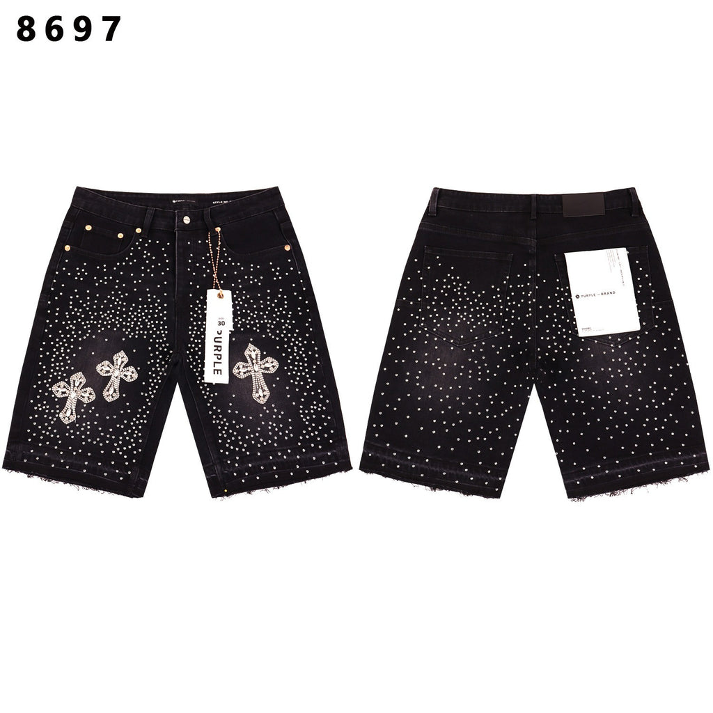 Purple Brand Rhinestone Loose Casual Denim Shorts