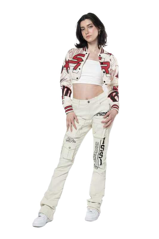 Embroidered Cropped Varsity Jacket Women Long Sleeve Baseball Coat
