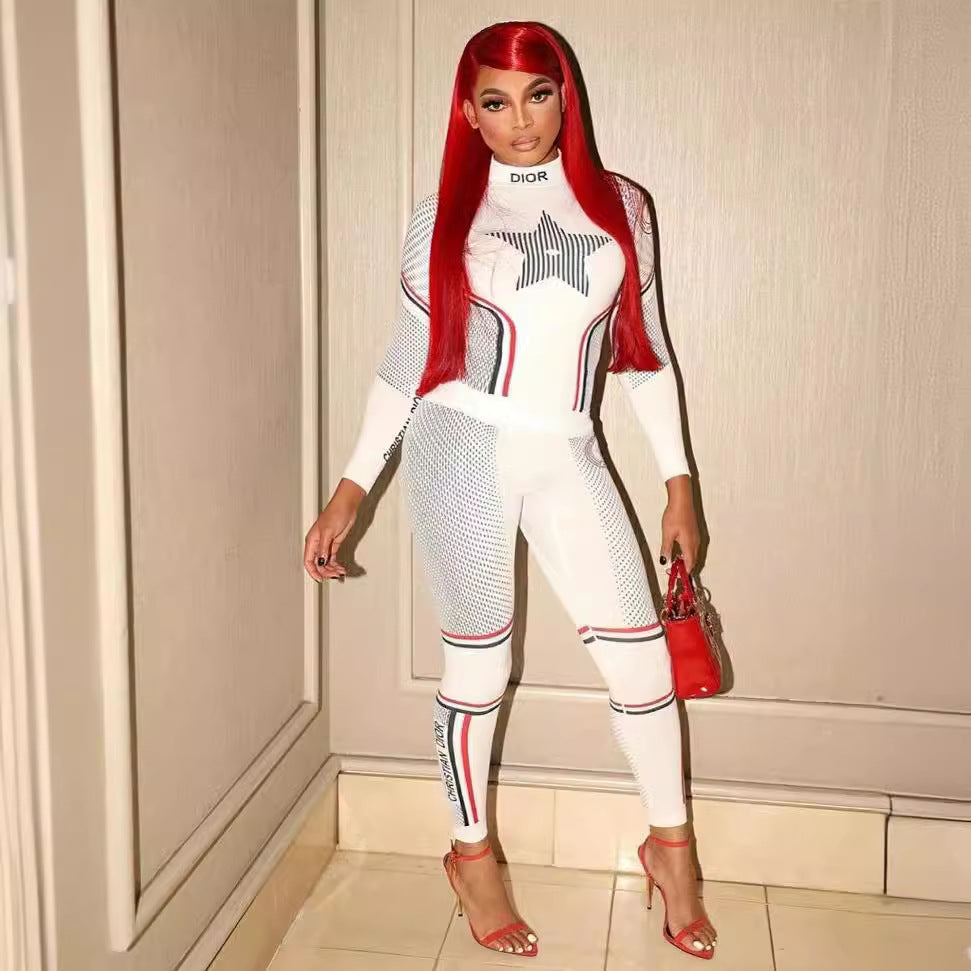 Star Print Color Block Long Sleeve Top Leggings 2 Piece Set Women