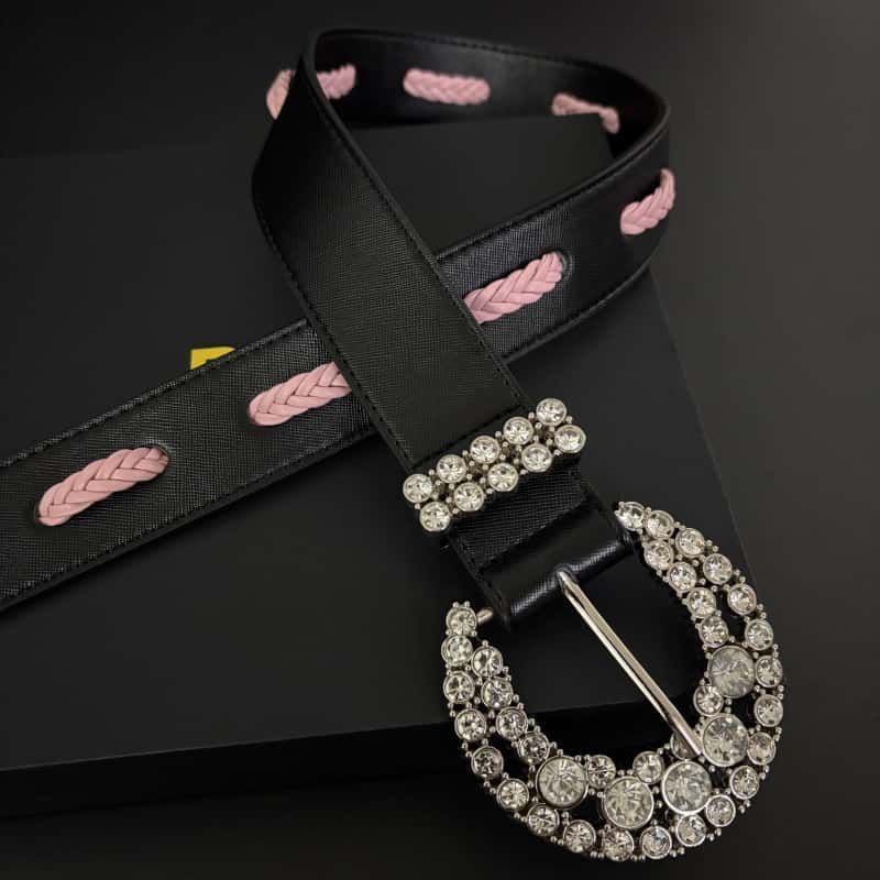 Leather Belt Rhinestone Buckle Pink Cutout Full Grain Waist Belt
