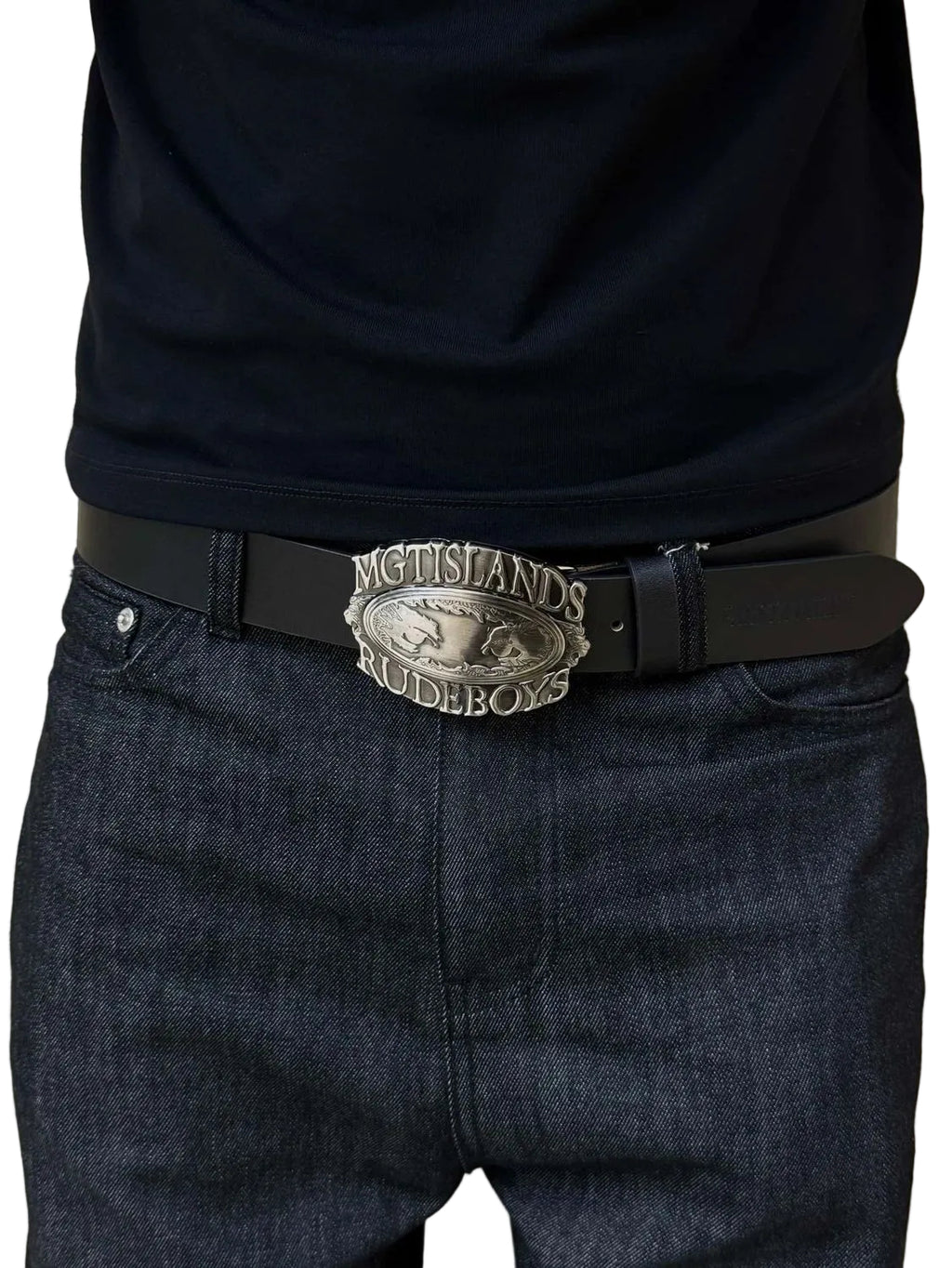 MGTISLANDS RUDEBOYS Leather Belt Vintage Embossed Metal Buckle Waist